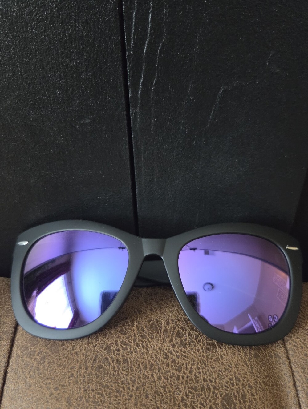 Adrienne Vittadini Matte Black Frame Sunglasses with Purple Mirrored Lenses